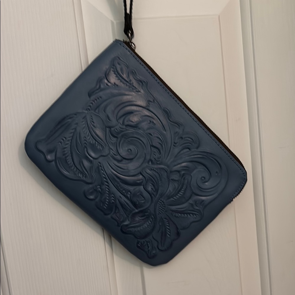 Patricia Nash Blue Floral Embossed Leather Clutch